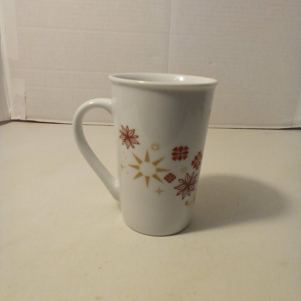 Starbucks Mug Christmas Holiday 5" Tall White Red Gold Pattern